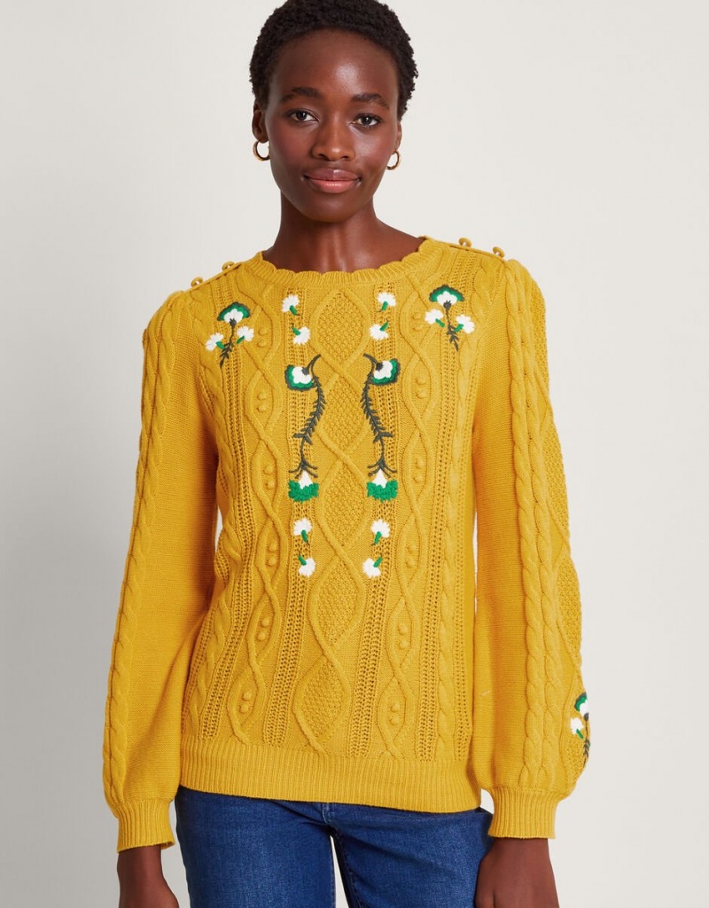 Yellow Women's Monsoon Etta Embroidered Sweaters | JFX-5721