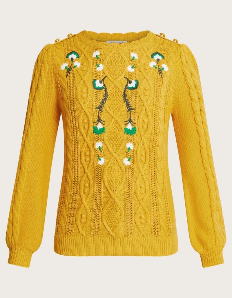 Yellow Women's Monsoon Etta Embroidered Sweaters | JFX-5721