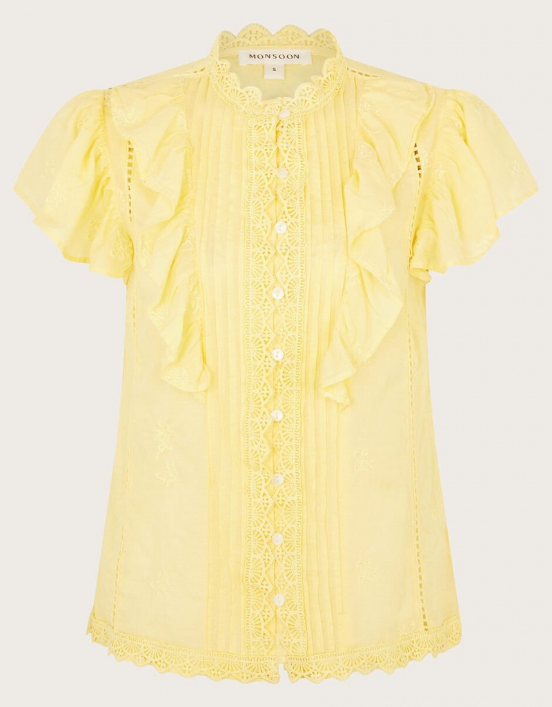 Yellow Women's Monsoon Rue Embroidered Ruffle Blouse | HSW-8690