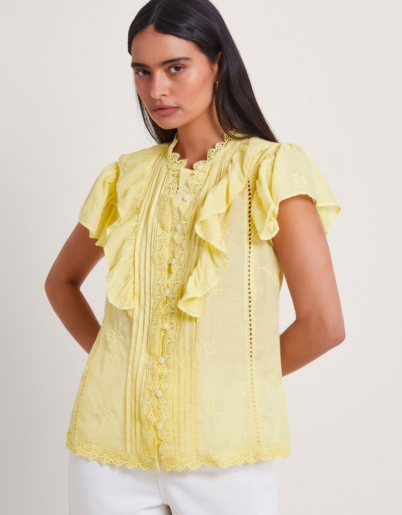 Yellow Women\'s Monsoon Rue Embroidered Ruffle Blouse | HSW-8690