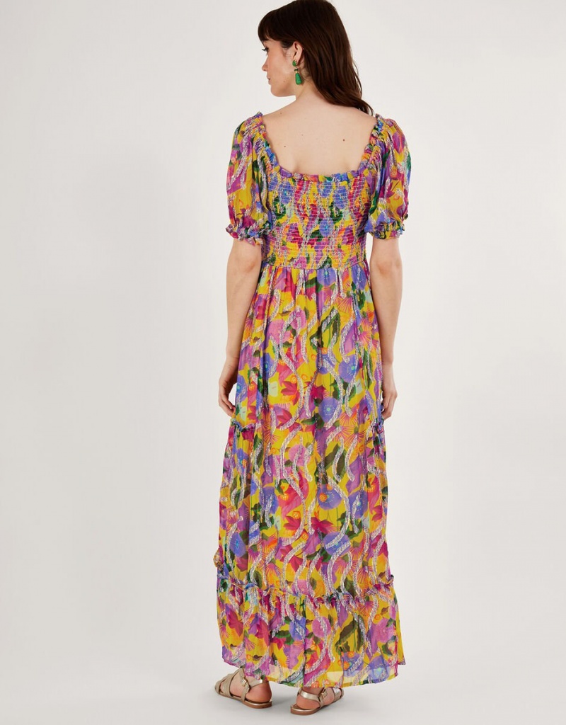 Yellow Women's Monsoon Suzannah Metallic Print Maxi Dress | OFY-4436