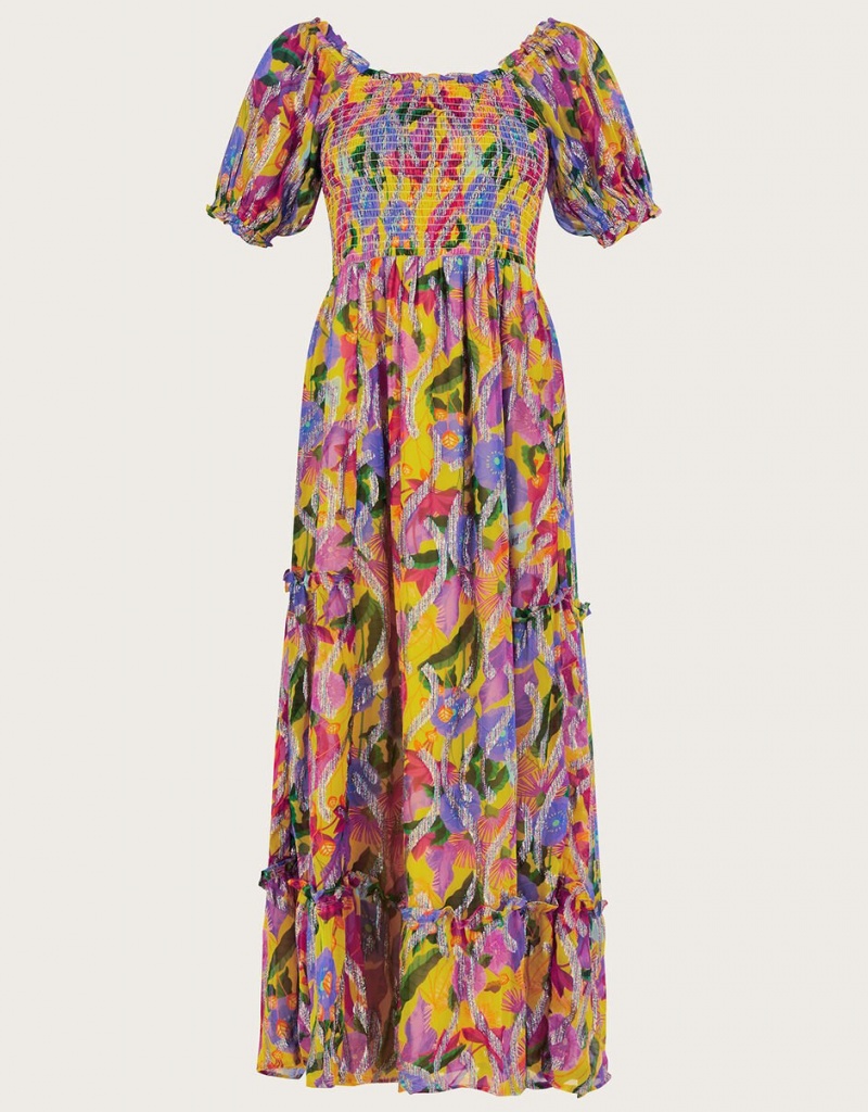 Yellow Women's Monsoon Suzannah Metallic Print Maxi Dress | OFY-4436