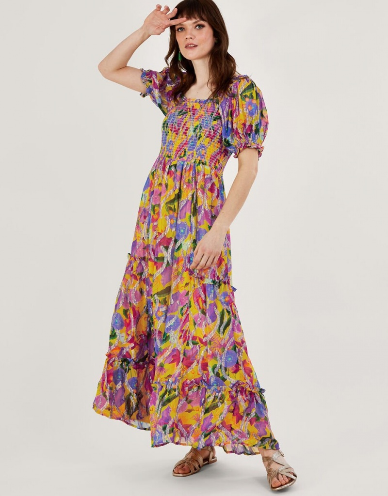 Yellow Women\'s Monsoon Suzannah Metallic Print Maxi Dress | OFY-4436